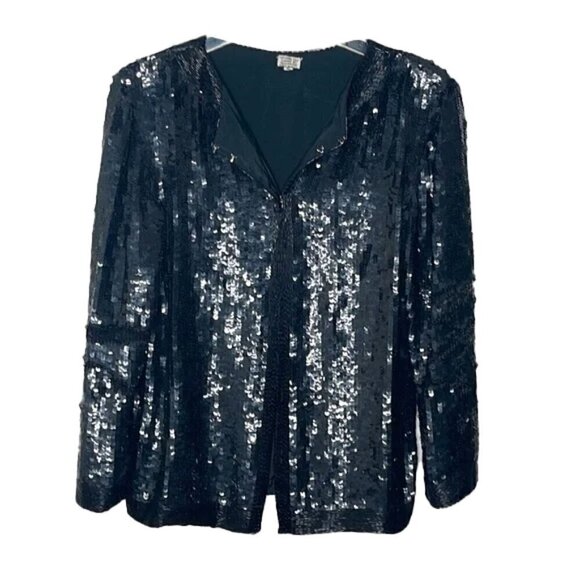 Tops - VINTAGE SUPER SILK Sequin BLACK Jacket Size S